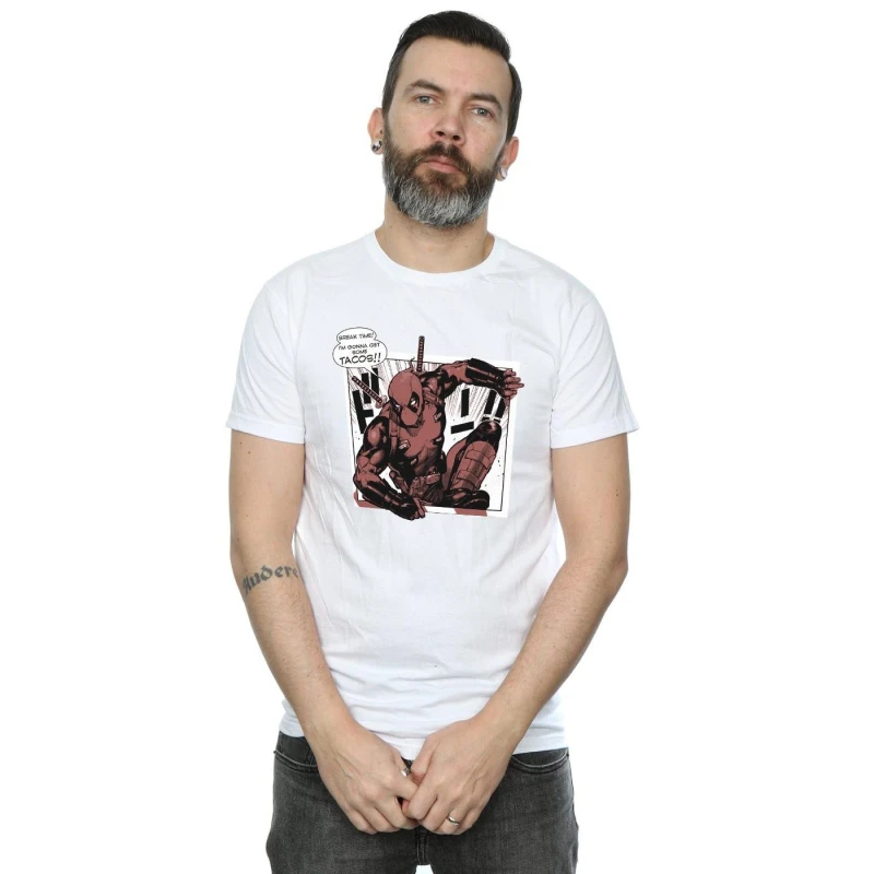 Image of Marvel Marvel Men Deadpool Breaktime Tacos T-Shirt in White Size: Small White S Male 5057736419502