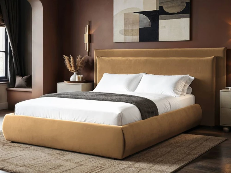 Image of Solace+Co Sigrid Sand Velvet Cushion Headboard Ottoman Bed in Light Sand Size: Double Light Sand Unisex Double