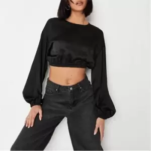 image of Missguided Puff Sleeve Satin Crop Top - Black