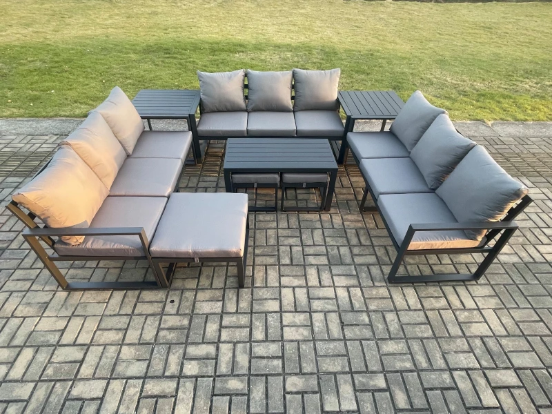 Image of Fimous Aluminium Outdoor Garden Furniture Set Lounge Sofa Oblong Coffee Table 3 Footstools 2 Side Tables Sets with Cushions Dark Grey Dark Grey Unisex