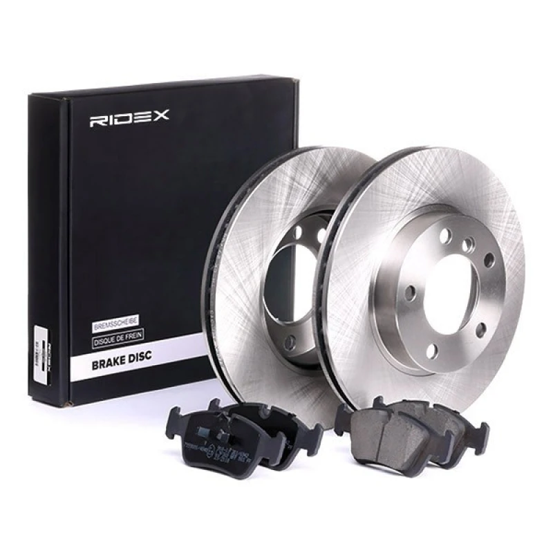 Image of RIDEX 3405B0039 Brake disc and pads set Front Axle, Brake Disc Type: Vented, excl. wear warning contact Brake Set,disc brakes (3405)