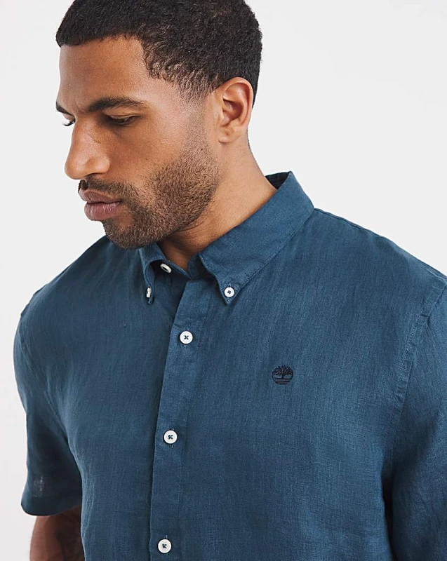 Image of Timberland Mens Linen Short Sleeve Oxford Shirt Dark Denim male S