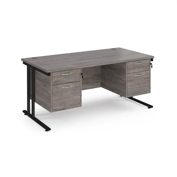 image of Maestro 25 straight desk 1600mm x 800mm with two x 2 drawer pedestals - Black cantilever leg frame, grey oak top