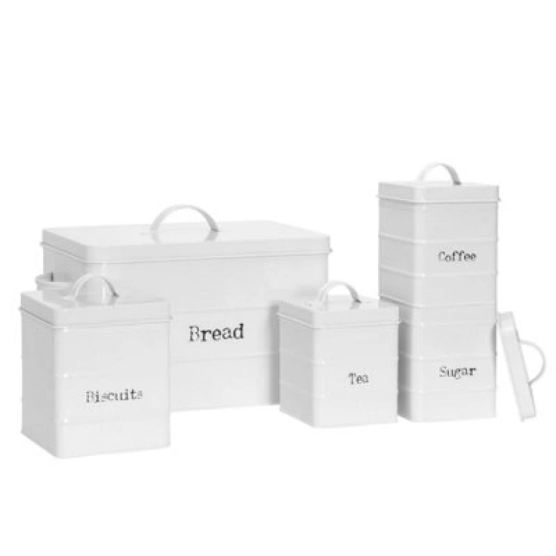 Image of Harbour Housewares Metal Kitchen Canister Set - White - 5Pc Vintage Retro Food Storage Canister Caddy Container Bread Bin
