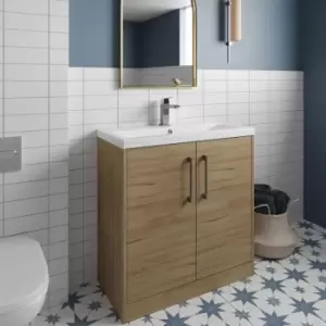 image of Hudson Reed Juno Floor Standing 2-Door Vanity Unit with Basin 2 800mm Wide - Autumn Oak