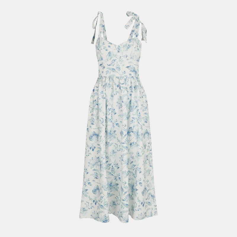 Image of French Connection Womens Serenity A Line Dress Cream/Blue female 8 (XS)