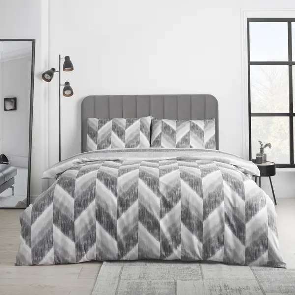 image of Catherine Lansfield Kamari Stripe Charcoal Grey Duvet Cover and Pillowcase Set Charcoal (Grey)