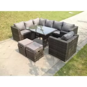 Image of Fimous 7 Seater Outdoor Dark Grey Rattan Lounge Complete Sofa Set Left Side with Regular Dining Table and 2 Stools