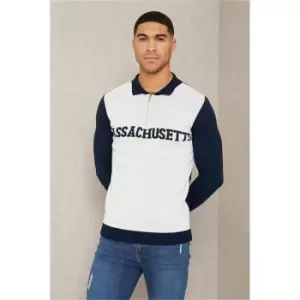 image of I Saw It First Grey Mens Half Zip Knitted Varsity Polo Top - Grey