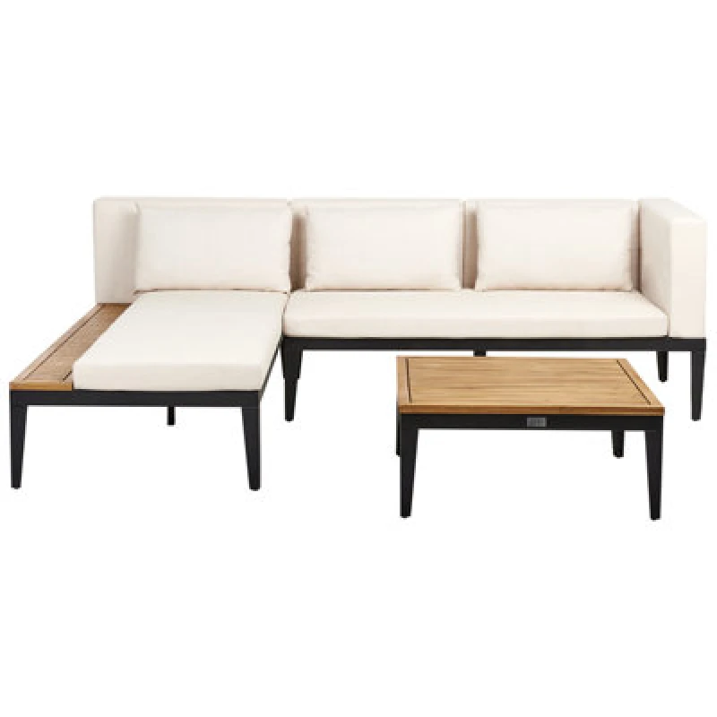 Image of Beliani Garden Corner Sofa With Table 3 Seater Bracciano Right Hand Certified Acacia Wood Light Beige