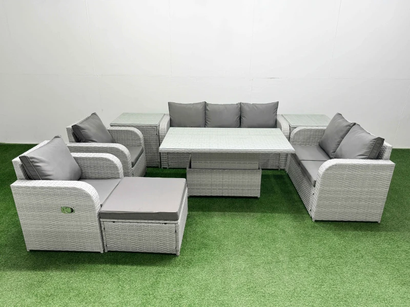 Image of Fimous PE Rattan Garden Furniture Set Adjustable Lifting Dining or Coffee Table Big Footstool 2 Side Table Light Grey