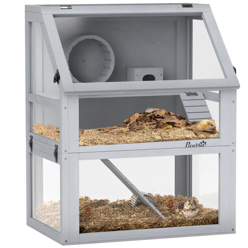 Image of PawHut PawHut Wooden Hamster Cage w/ Detachable Bottom, Hut, Seesaw - Light Grey