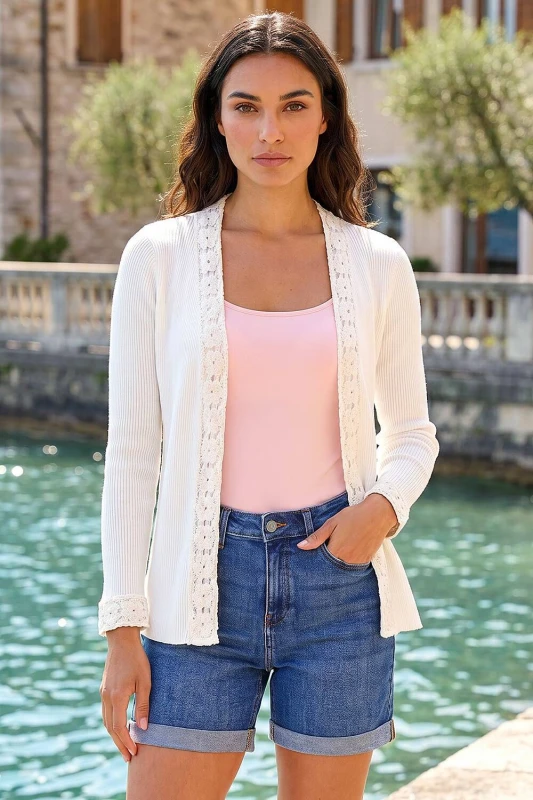 Image of Roman Womens Crochet Trim Knit Cardigan in Ivory Size: 14 Ivory Female 14
