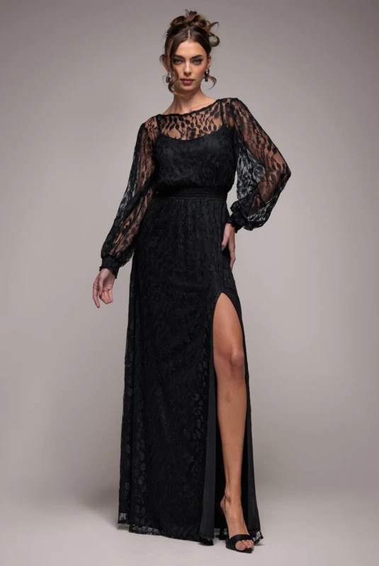 Image of Goddiva Womens Lace Long Sleeve Shirred Waist Maxi Dress in Black Size: 10 Black Female 10