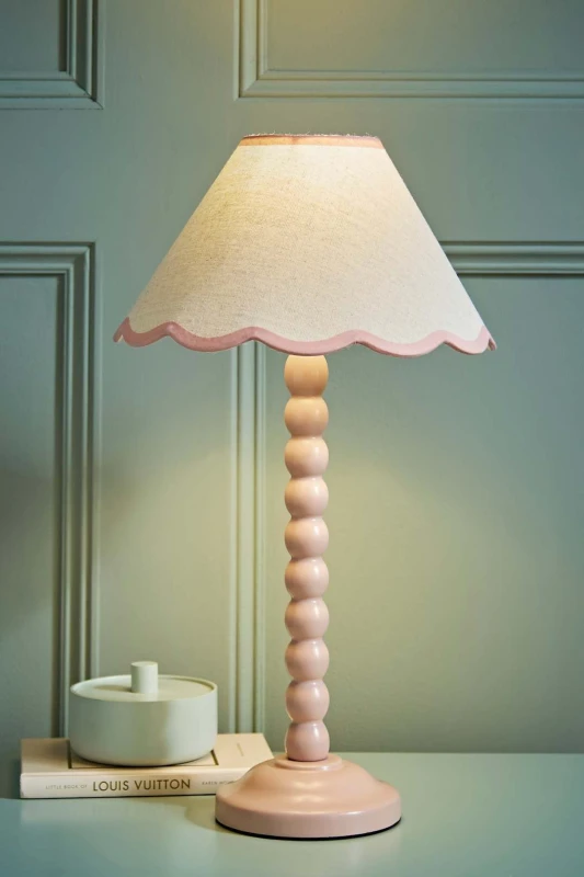 Image of ValueLights Bobbins Rose Pink Table Lamp with Tapered Natural Linen Scallop Shade Pink