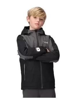 Image of Boys, Regatta Unisex Beamz III Waterproof Jacket with Sleeve Torch - Black/Grey, Black, Size 11-12 Years