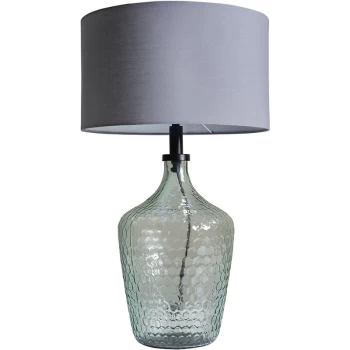 Image of Lustre Green Glass Table Lamp With Fabric Lampshade - Dark Grey - No Bulb