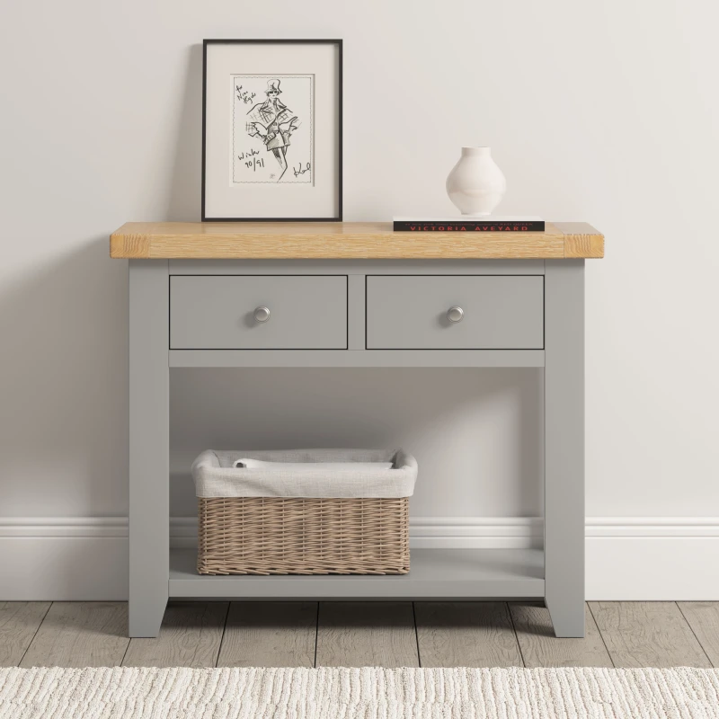 Image of Seconique Windsor 2 Drawer Console Table Pebble Grey With Oak Top Fully Assembled