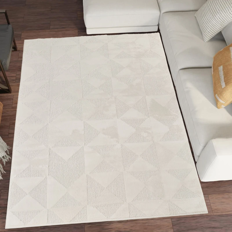 Image of Hamilton Modern Metallic Sheen Area Rug - Mosaic Geometric Triangle Design Cream 60Cm X 220Cm