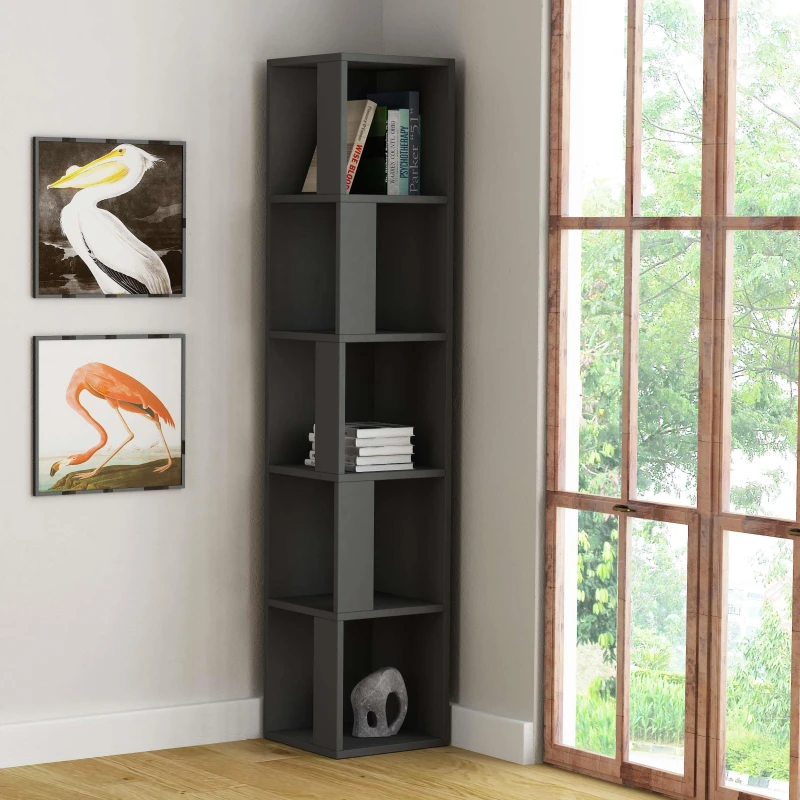 Image of DECORTIE Piano Modern Corner Bookcase Display Unit Anthracite Grey Tall 158.9cm - Anthracite Grey - Decortie M.KT.02.12531.9