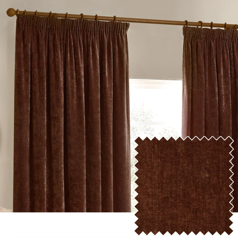 Image of Yard Heavy Chenille Fully Lined Pencil Pleat Curtains Nutmeg 168Cm Width 137Cm Drop, Red 5025532819093