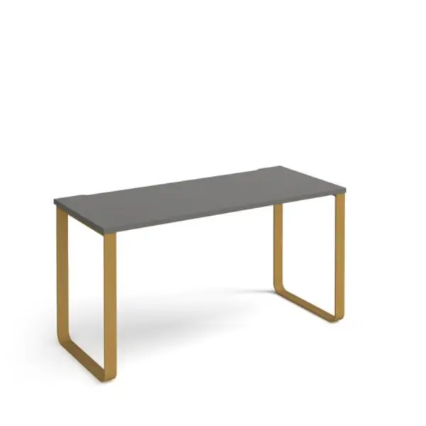 image of Cairo straight desk 1400mm x 600mm with sleigh frame legs - brass frame, grey top