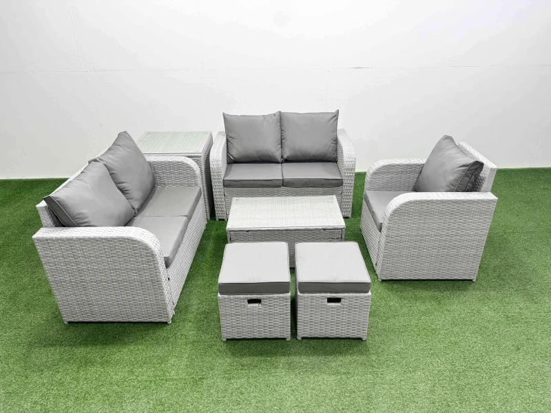 Image of Fimous High Back Poly Rattan Garden Furniture Set with Reclining Chair Loveseat Sofa Rectangular Coffee Table Indoor Outdoor Patio Set 2 Stool Side T
