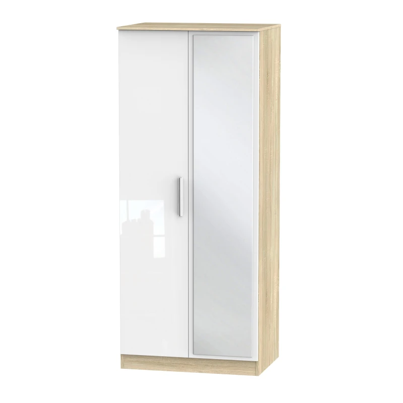 Image of Trent 2 Door Mirrored Robe In White & Bardolino Oak (Ready Assembled)