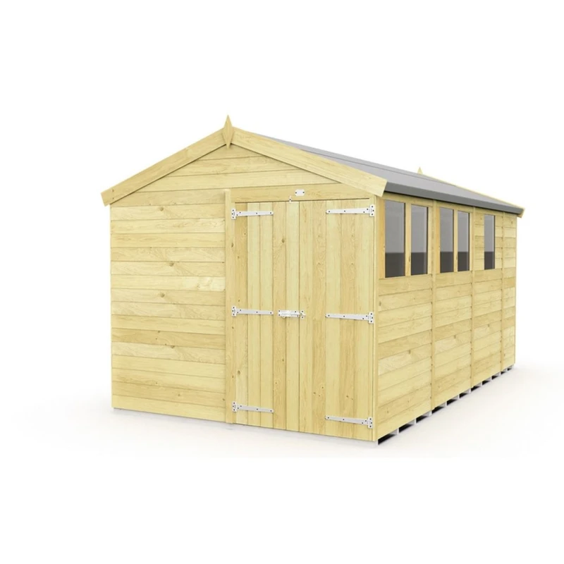 Image of Buttercup Farm 8 x 13 Feet Apex Shed - Double Door W/ Windows - L387 x W231 x H217cm in Brown Brown Unisex