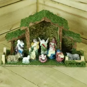 image of 38cm x 22cm Christmas Nativity Scene Stable & 11 Figures