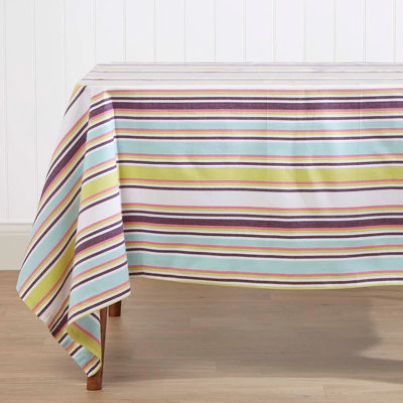 Image of Homescapes Striped Cotton Tablecloth, 137cm x 178cm Green