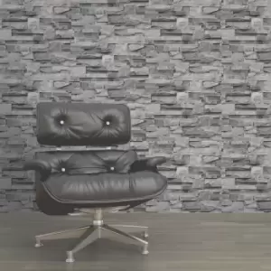 Image of Muriva Bluff Brick Effect Wallpaper, Slate Charcoal