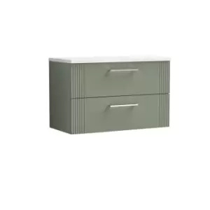 Nuie Deco 800mm Wall Hung 2 Drawer Vanity & Sparkling White Laminate Top - Satin Reed Green