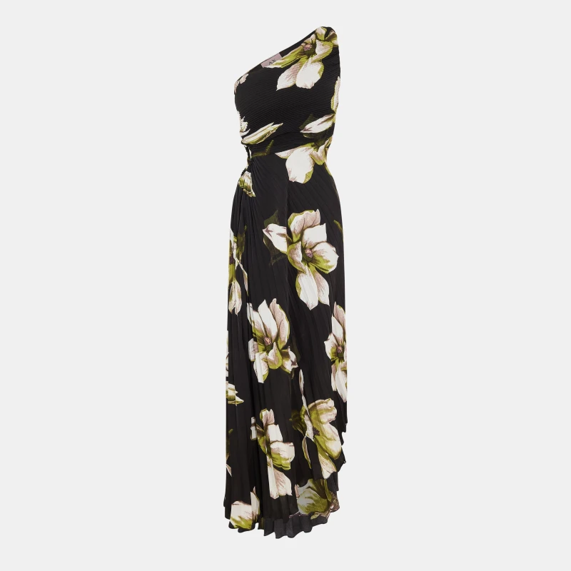 Image of AX Paris Floral Print One Shoulder Cut Out Pleated Midi Dress Black female 8 (XS)