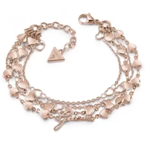 image of GUESS rose gold plated four-row multi heart chain bracelet.