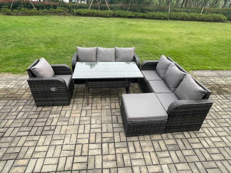 Image of Fimous 8 Seater Rattan Garden Furniture Set Oblong Rectangular Dining Table & Chairs Set with 3 Seater Sofa Big Footstool Dark Grey Mixed Dark Grey Un