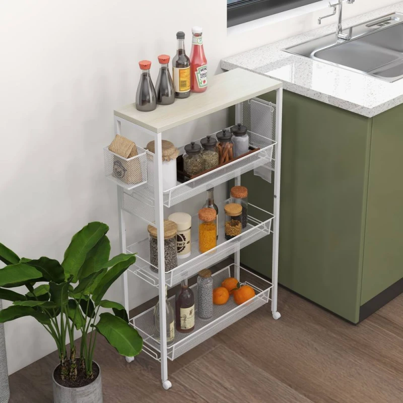 Image of HOMCOM 3-Tier Kitchen Cart, Multifunction Kitchen Trolley on Wheels, White White Unisex