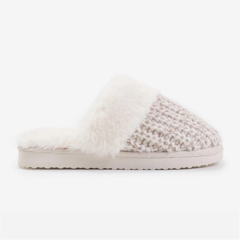 Image of Where's That From 'Lounge' Slip On Knitted Slippers With Fur Trim White