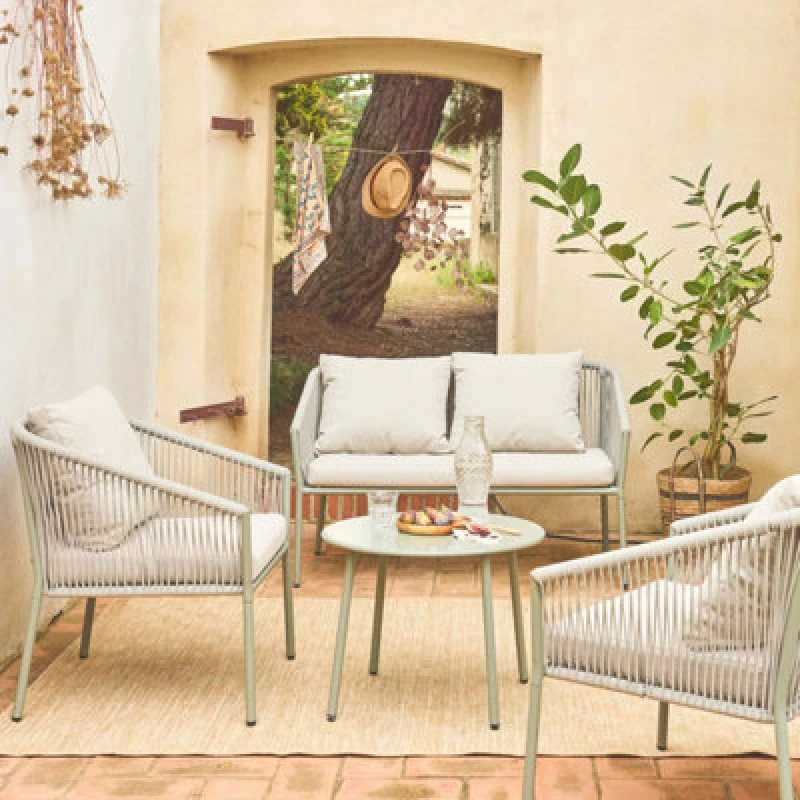 Image of Sweeek - 4-Seater Garden Sofa Set In Steel And Resin Ropes Mantova Beige 122X67X74 Cm
