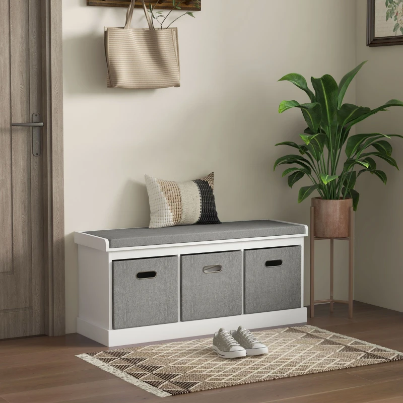 Image of HOMCOM HOMCOM Shoe Bench with 3 Fabric Baskets, Shoe Storage Bench with Seat Cushion, Shoe Cabinet for Entryway, Hallway, Living Room, Bedroom White 5