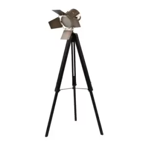 image of 139cm Black Wood and Antique Brass Film Style Tripod Floor Lamp