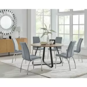 Image of Santorini Brown Round Dining Table And 6 Grey Isco Chairs - Elephant Grey