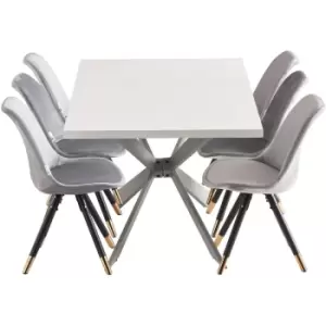 Image of Life Interiors - 7 Pieces Vittorio Duke Dining Set - a White Rectangular Dining Table and Set of 6 Light Grey Dining Chairs - Light Grey