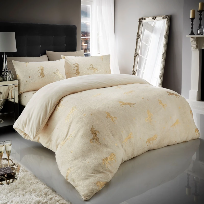 Image of Smart Living Smart Living Teddy Unicorn Star Foil Duvet Cover and Pillowcase Set in Cream Size: King Cream King Unisex 5051346154617