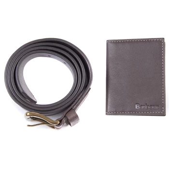 Image of Barbour Mens Leather Belt & Billfold Wallet Gift Set Dark Brown Large