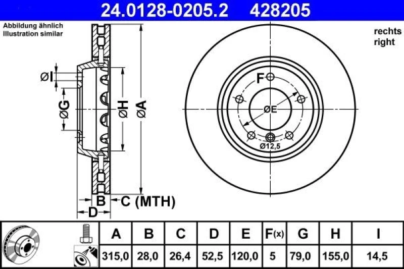 Image of ATE 24.0128-0205.2 Brake disc Vented, Coated, High-carbon, with bolts/screws Brake Disc (82)