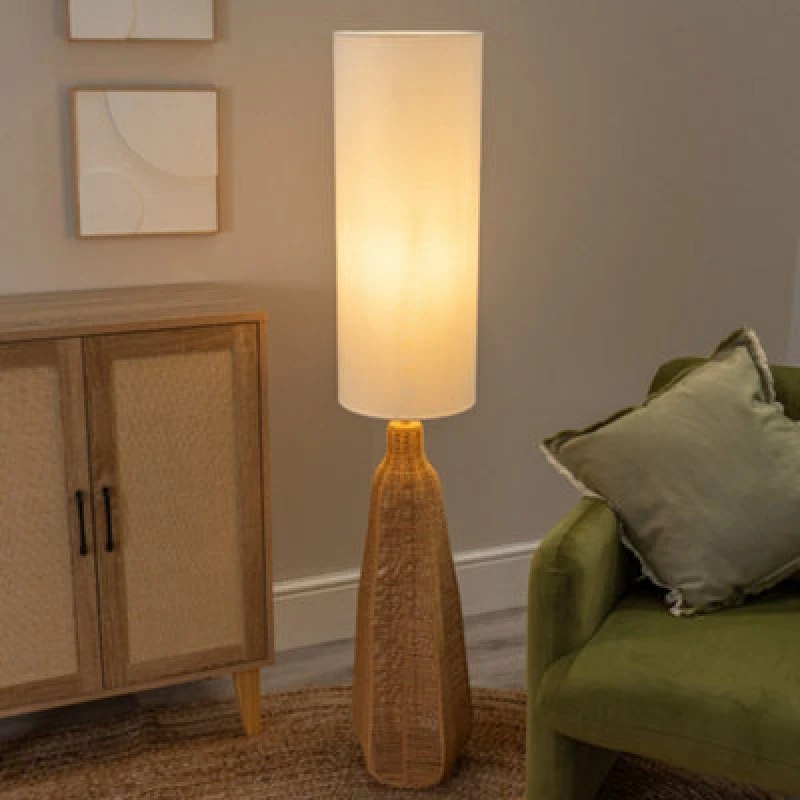 Image of ValueLights ValueLights Una White Tall Lamp Shade Natural Rattan Midi Floor Lamp White One Size Unisex 5016529271949