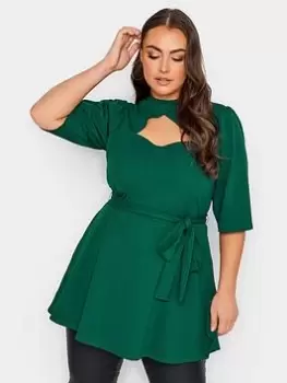 Image of Yours Yours Cut Out Peplum Top, Green, Size 16, Women