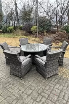 Image of Fimous 6 Seater Outdoor Dark Grey Rattan Complete Dining Set with Round Table
