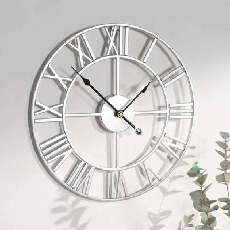 Image of OHS OHS Large Wall Clock Roman Numerals Skeleton Big Open Round Face in Silver Silver One Size Unisex 5027434184422